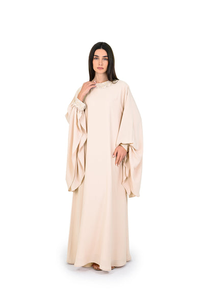 Hanayen Elegant Beige Abaya with Voluminous Draped Sleeves and Crystals Accents best abaya online in dubai
