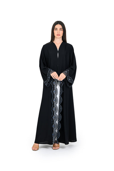 Hanayen Elegant Black Abaya with Crystal-Beaded Scalloped Trim best abaya online in dubai