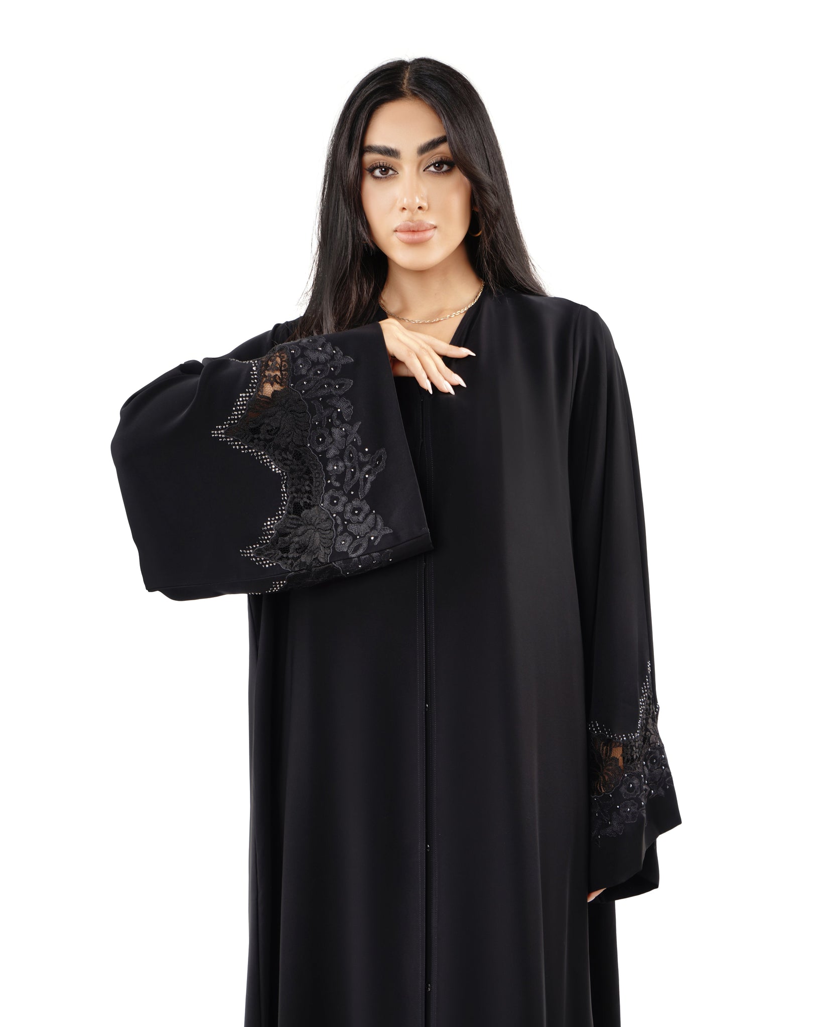 Hanayen Elegant Black Abaya with Embellished Sleeves and Hem Detailing