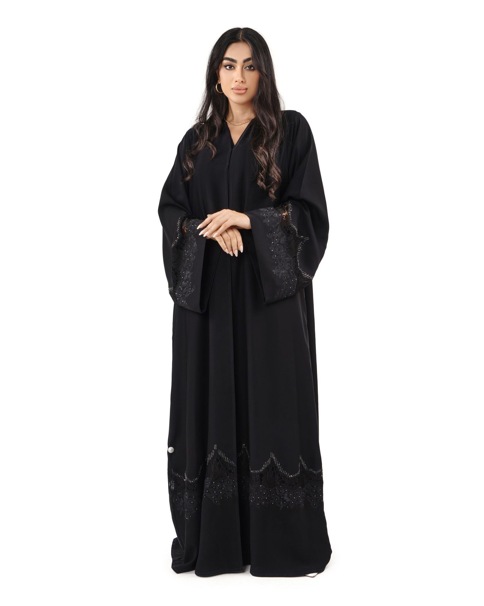 Hanayen Elegant Black Abaya with Embellished Sleeves and Hem Detailing