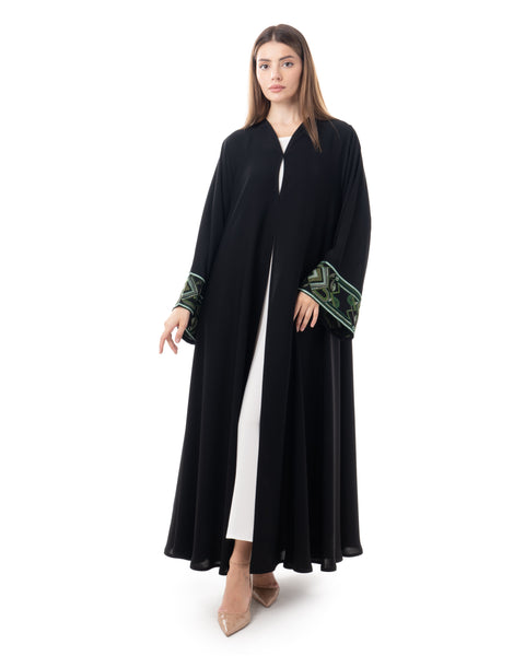 Hanayen Elegant Black Abaya with Green Embroidered Cuffs