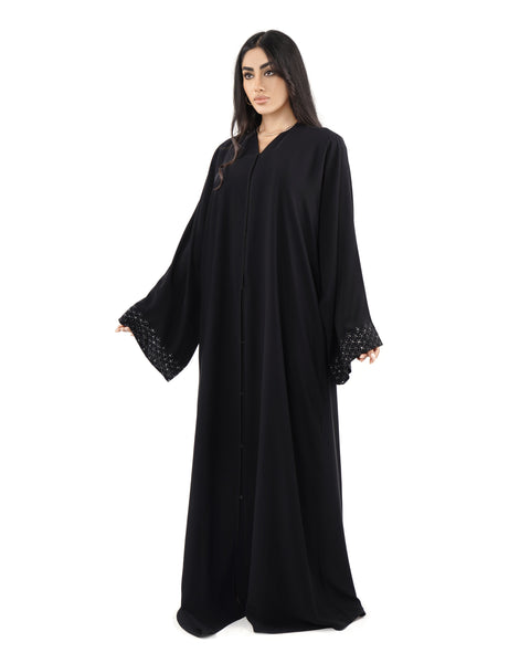 Hanayen Elegant Black Abaya with Handcrafted Crystalized Sleeve Cuffs