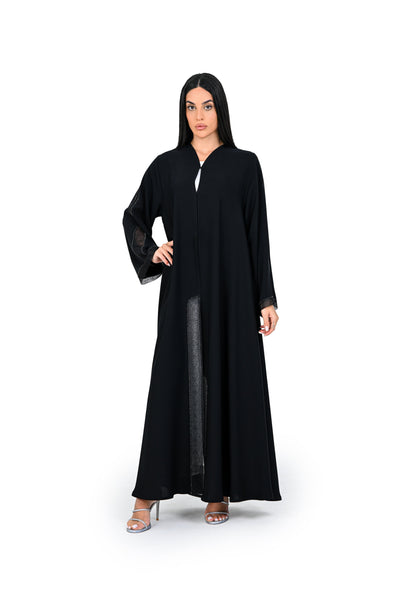 Hanayen Elegant Black Abaya with Sheer Crystal-Lined Mesh Panels best abaya online in dubai
