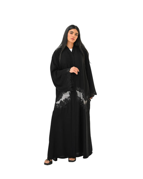 Hanayen Elegant Black Lace Inlay Abaya with Scalloped Embroidery best abaya online in dubai
