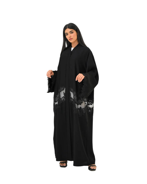 Hanayen Elegant Black Lace Inlay Abaya with Scalloped Embroidery best abaya online in dubai