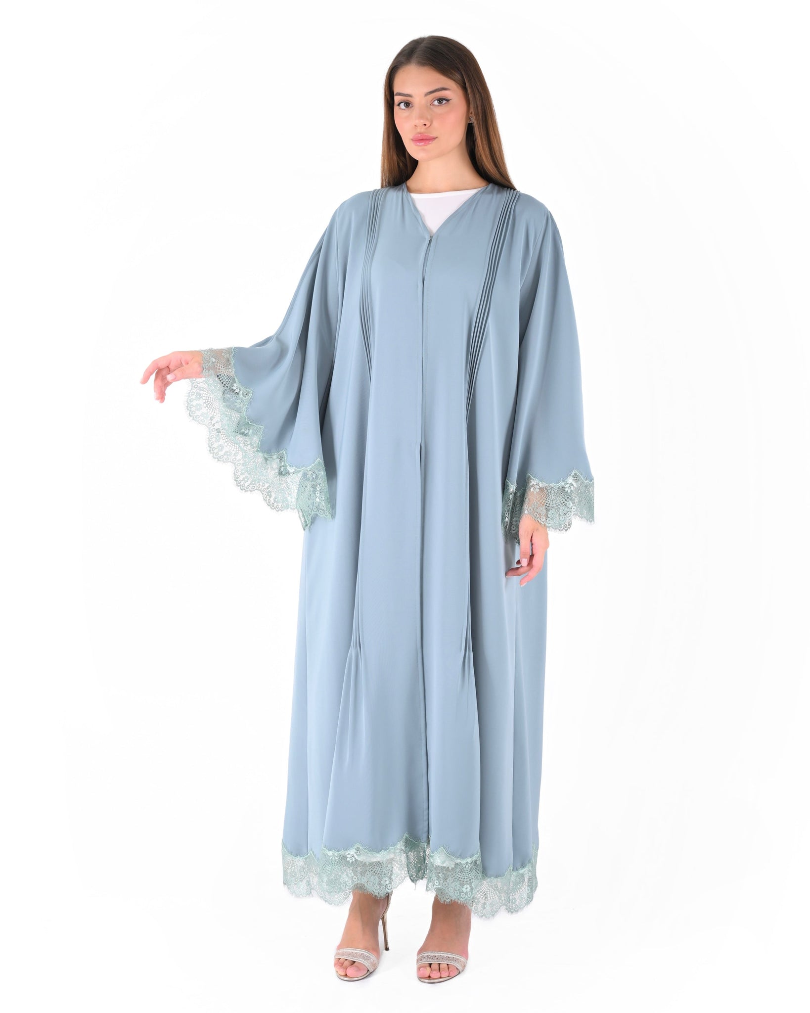 Hanayen Elegant Dusty Blue Abaya with Delicate Lace Trims