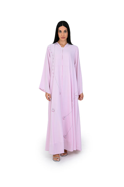Hanayen Elegant Pink Abaya with Delicate Crystal Trails & Floral Accents best abaya online in dubai