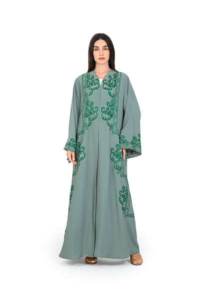 Hanayen Elegant Sage Abaya with Intricate Green Filigree & Crystals best abaya online in dubai