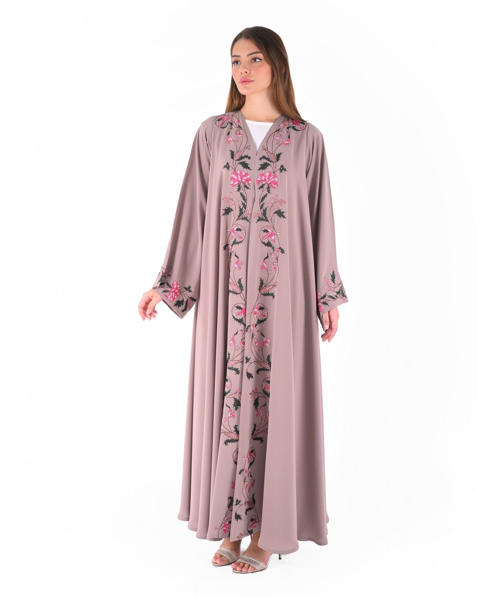 Hanayen Elegant Taupe Floral Embroidered Abaya