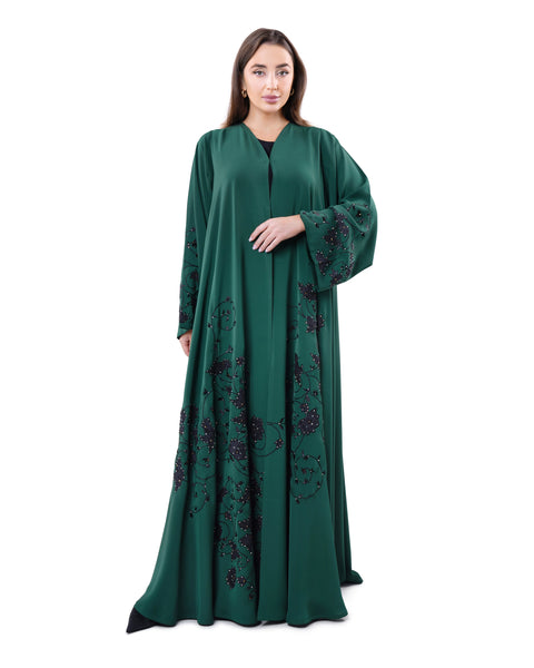 Hanayen Embroidered Green Abaya With Lace Insert