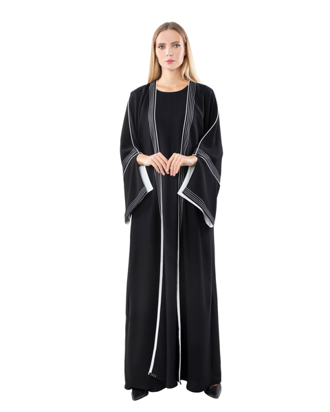 Hanayen Emirati Stylish Black Abaya With White Contrast Stitching best abaya online in dubai