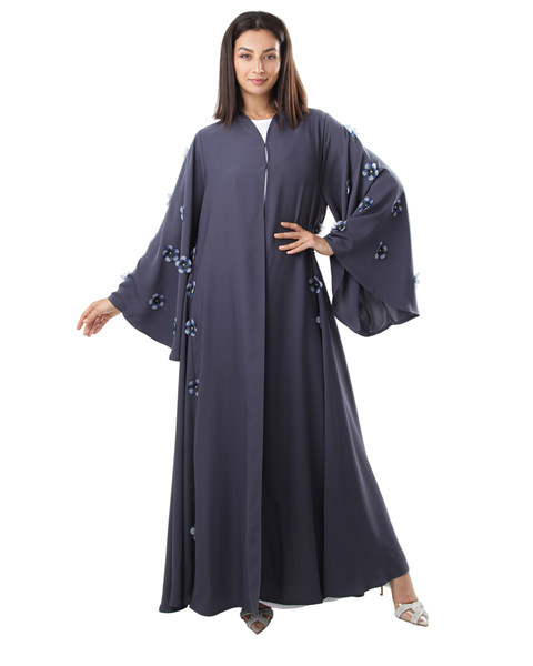 Hanayen Gray Abaya with 3D Floral Appliqué best abaya online in dubai