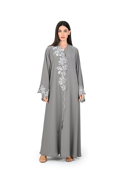 Hanayen Gray Abaya with White Floral Lace Trim best abaya online in dubai