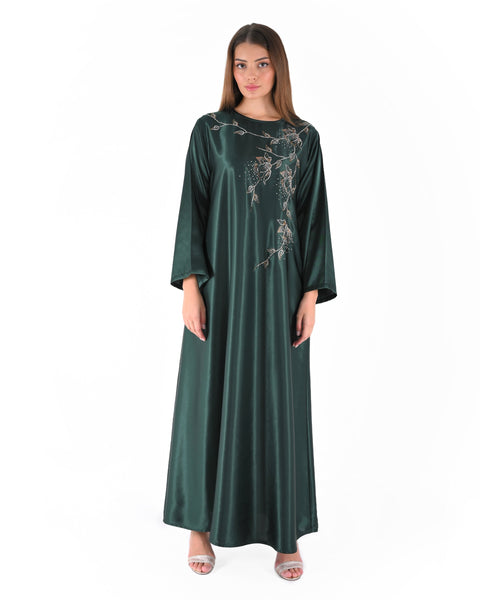 Hanayen Green Satin Abaya with Crystal Floral Embellishments | Clearance best abaya online in dubai