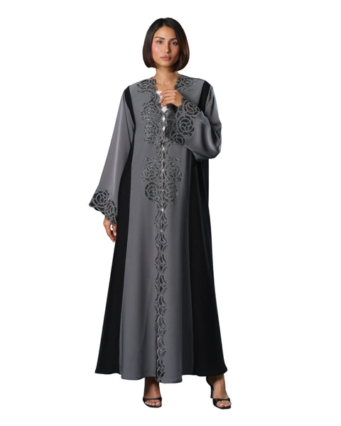 Hanayen Grey and Black Abaya with Crystal Floral Embellishments best abaya online in dubai