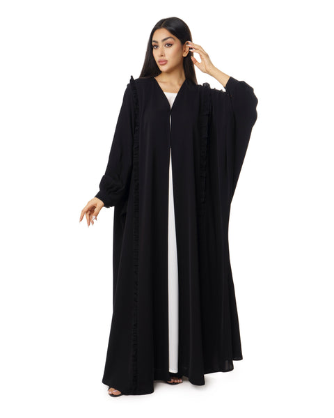 Hanayen Black Abaya with Pleated Sleeve Detail