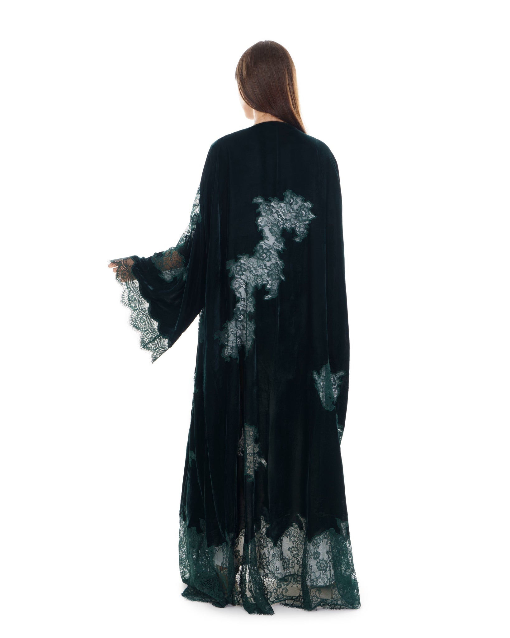 Hanayen Dark Green Velvet Abaya With Lace Insert
