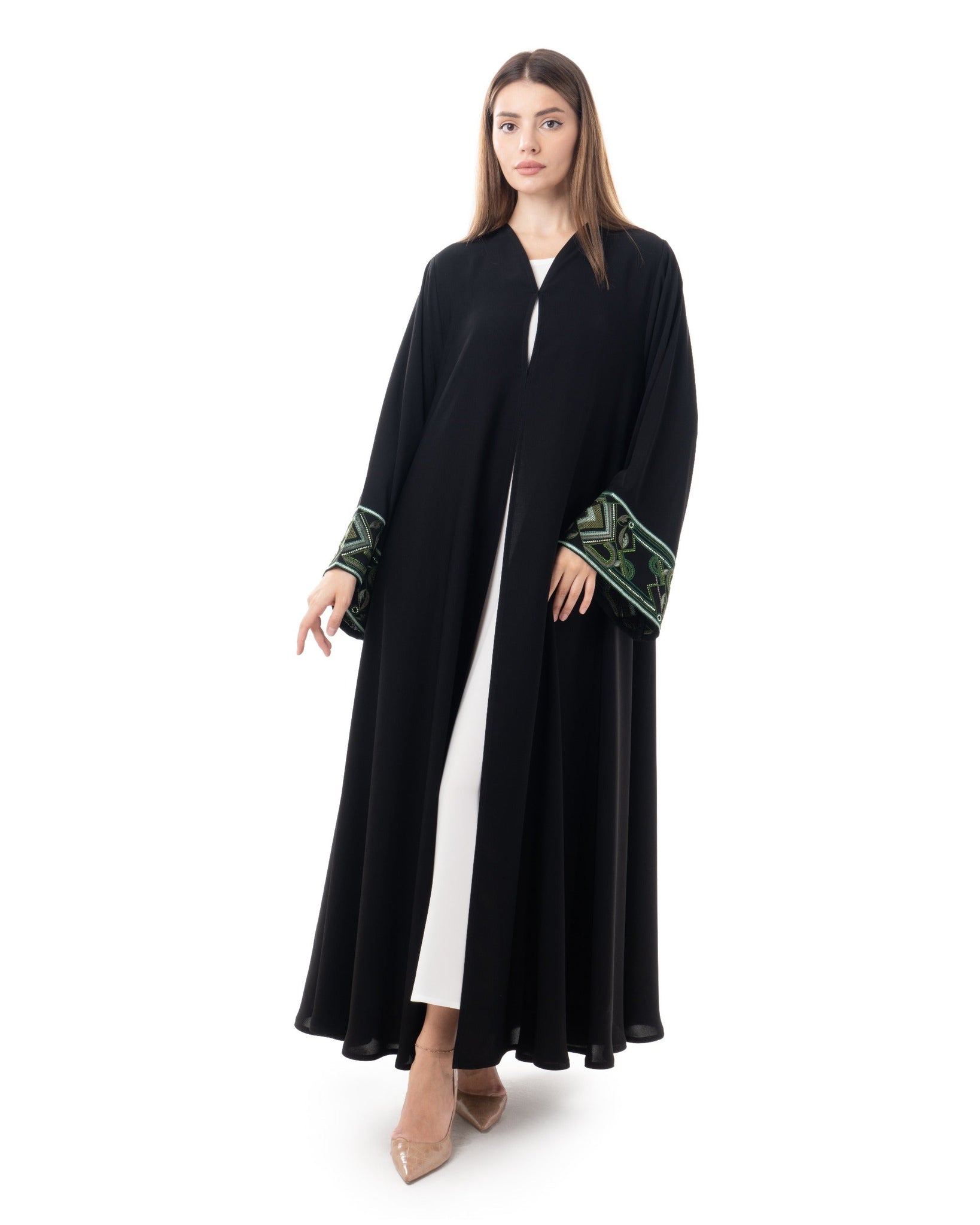 Hanayen Elegant Black Abaya with Green Embroidered Cuffs