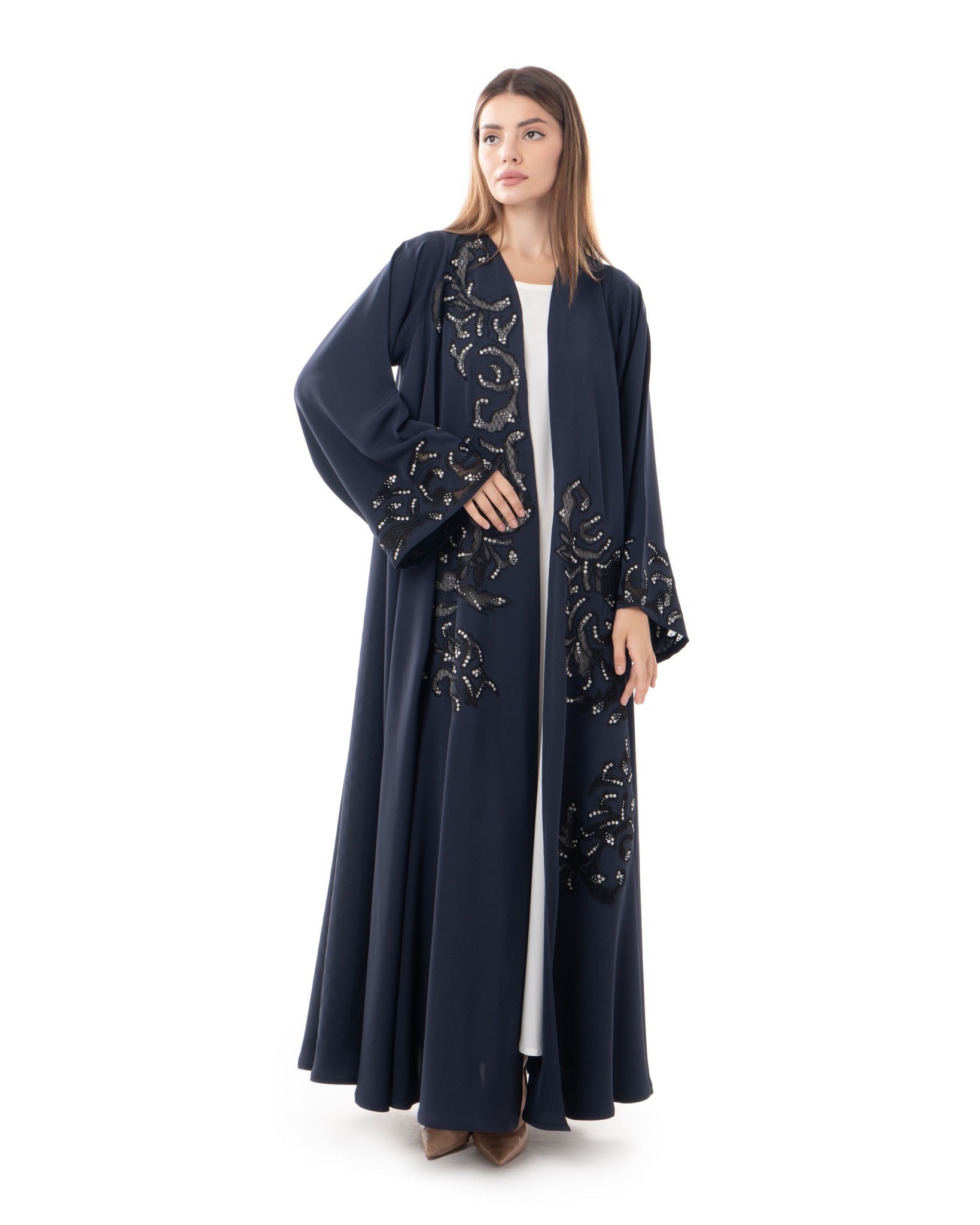 Hanayen Exquisite Navy Blue Abaya With Lace Detailing