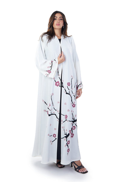 Hanayen Floral Design White Abaya Dress