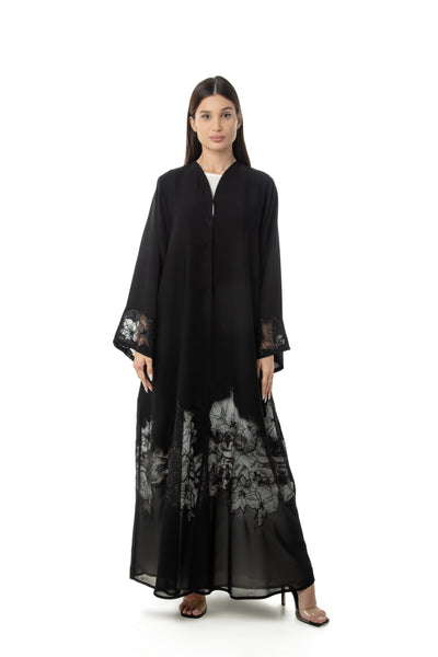 Hanayen French Dantel Embroidered Black Abaya
