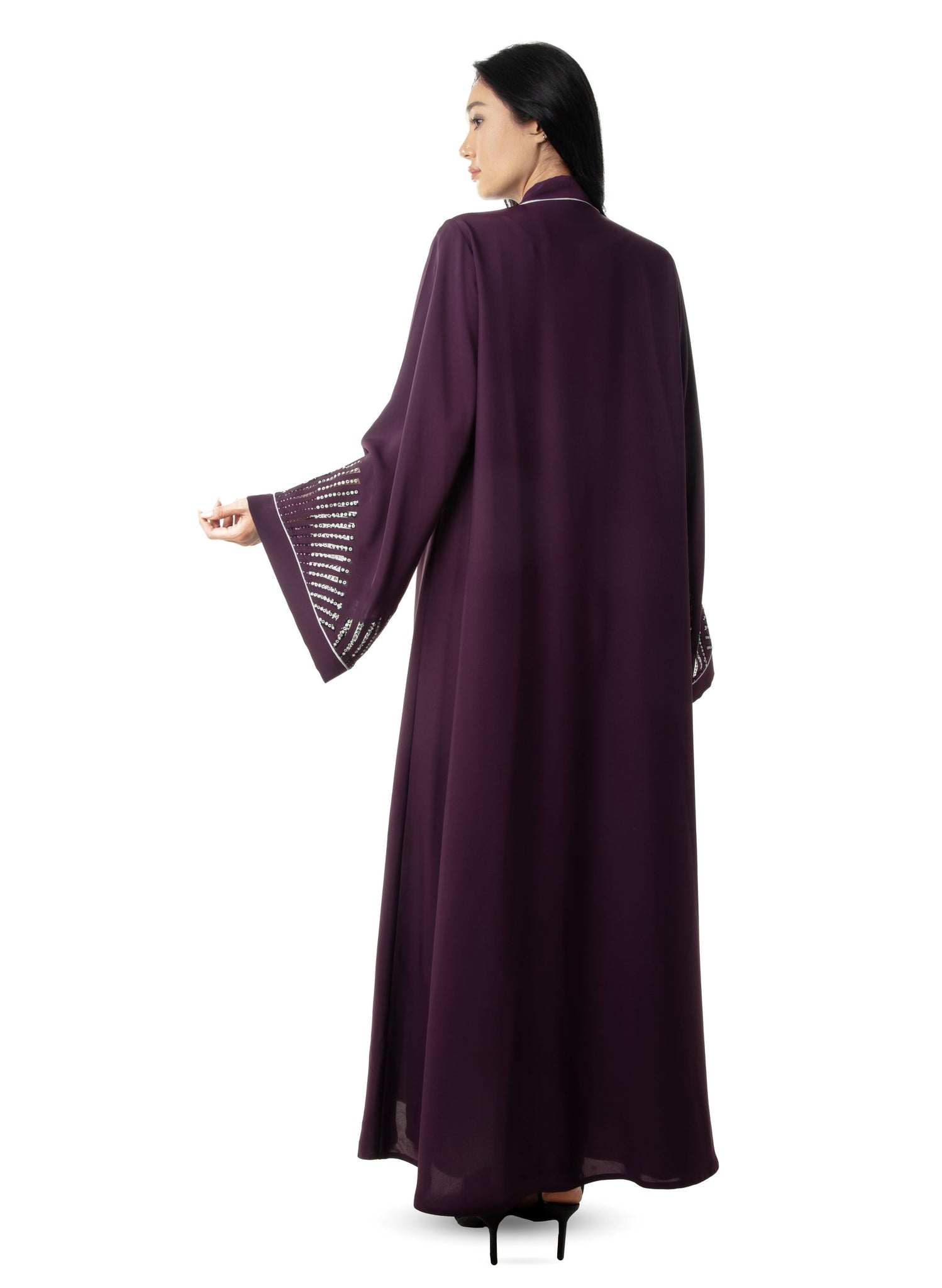 Embellished Sleeves Purple Chiffon Open Abaya