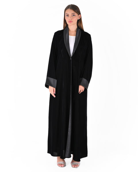 Hanayen Hanayen Black Velvet Abaya With Satin Lapels and Cuffs