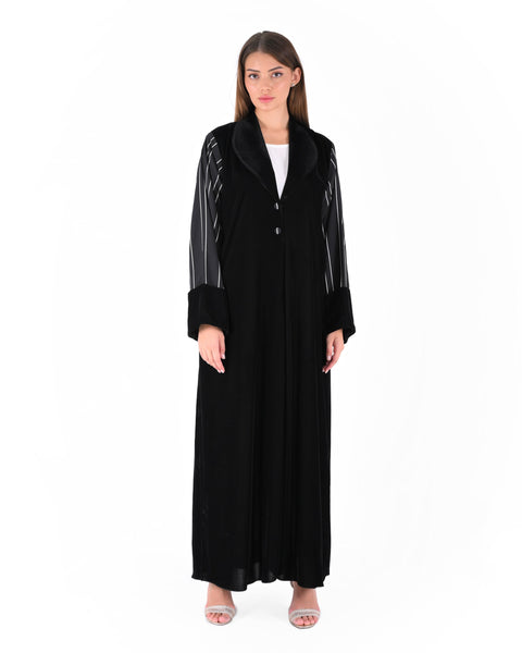 Hanayen Hanayen Black Velvet Abaya with Striped Design Sleeves