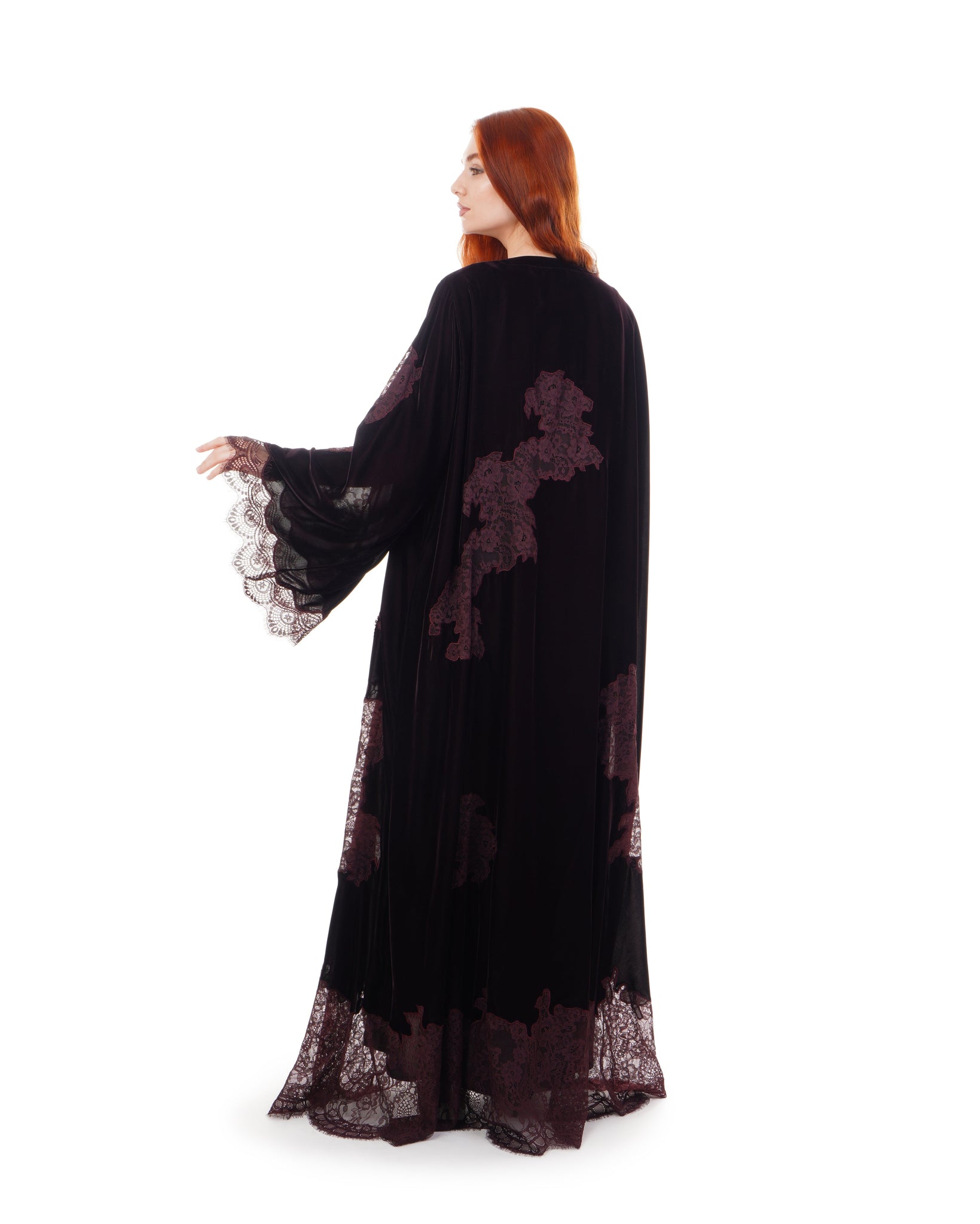 Hanayen Dark Maroon Velvet Abaya With Lace Insert