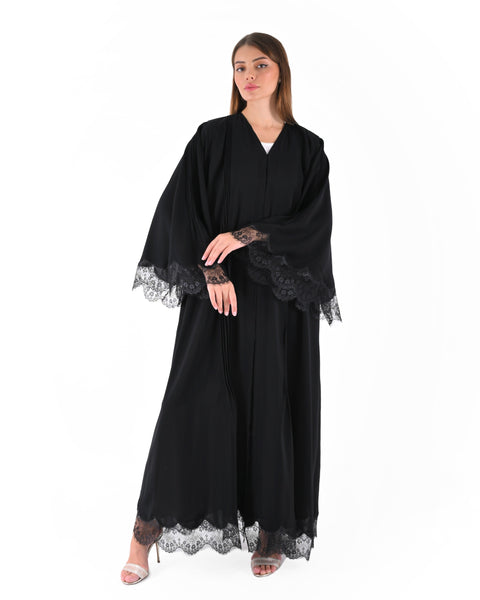 Hanayen Khaleeji Black Abaya with Lace Detailing