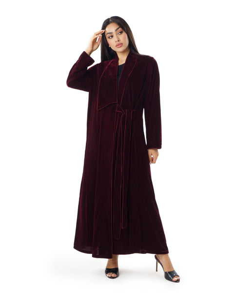 Hanayen Lapel Maroon Velvet Abaya | Clearance best abaya online in dubai