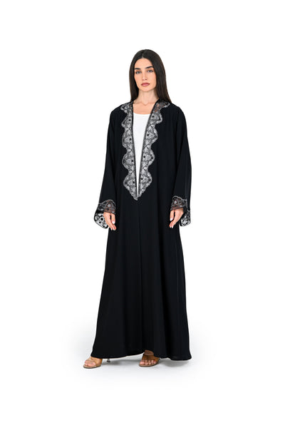Hanayen Luxe Black Abaya with Artisanal Grey Floral Scalloped Embroidery best abaya online in dubai