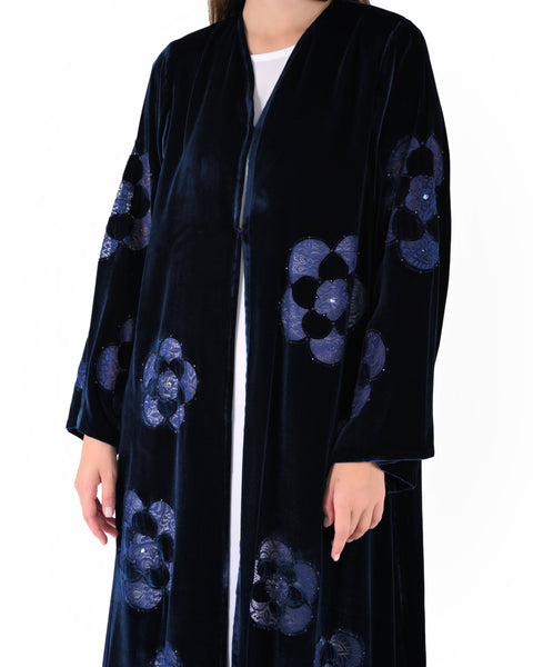 Chic Front Long Frill contrast flowers Party Abaya Navy Blue