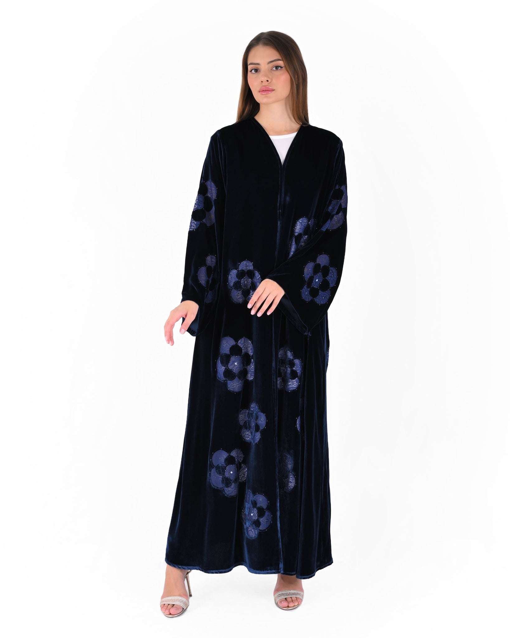 Hanayen Luxurious Navy Blue Velvet Abaya with Floral Embroidery