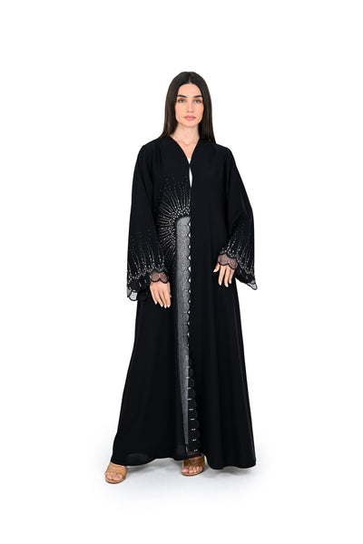 Hanayen Luxury Abaya with Swarovski Crystals Sunburst and Scalloped Lace Accents best abaya online in dubai