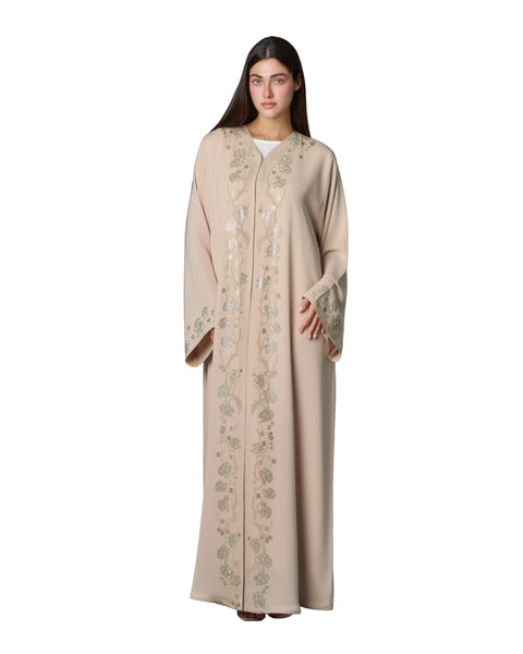 Hanayen Luxury Beige Abaya with Swarovski Crystal Floral Embellishments best abaya online in dubai