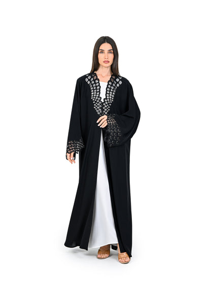 Hanayen Luxury Black Abaya with Intricate Geometric Studded Panels best abaya online in dubai
