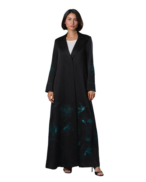Hanayen Luxury Black Coat-Style Abaya with Teal Floral Embroidery best abaya online in dubai