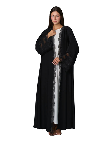 Hanayen Luxury Black Lace Abaya with Crystal Embellishments best abaya online in dubai