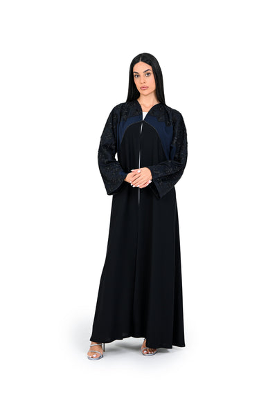 Hanayen Luxury Black & Navy Abaya with Floral Lace Sleeves and Crystal Accents best abaya online in dubai