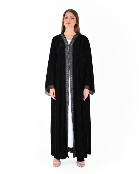 Hanayen Luxury Black Velvet Abaya with Delicate Lace Embellishments