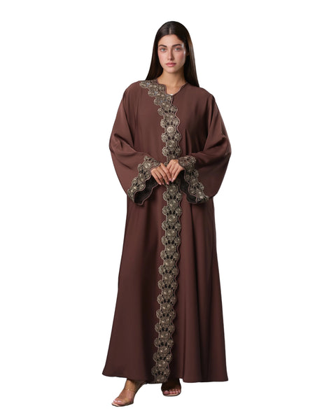 Hanayen Luxury Brown Abaya with Floral Lace Embroidery best abaya online in dubai