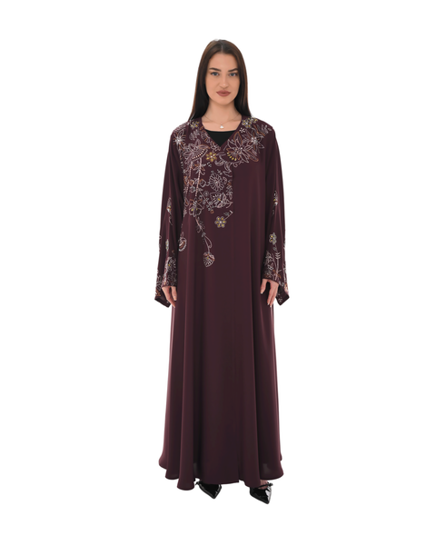 Hanayen Luxury Burgundy Embellished Abaya best abaya online in dubai