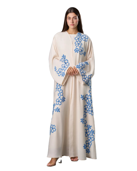Hanayen Luxury Cream Abaya with Blue Floral Embellishments best abaya online in dubai