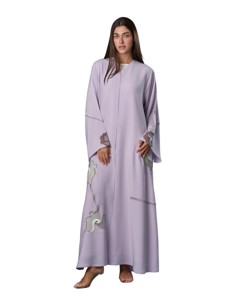 Hanayen Luxury Lilac Abaya with Floral Appliqué and Crystal Details best abaya online in dubai