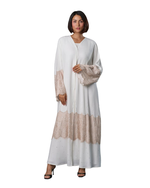 Hanayen Luxury Off-White Abaya with Beige Lace and Crystal Embellishments best abaya online in dubai