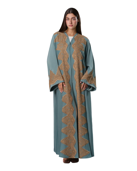 Hanayen Luxury Sage Green Abaya with Bronze Lace Embellishments best abaya online in dubai