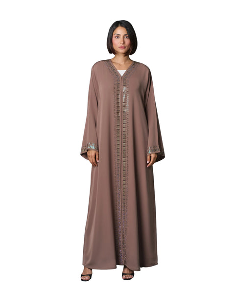 Hanayen Luxury Taupe Abaya with Swarovski Elements and Crystals best abaya online in dubai