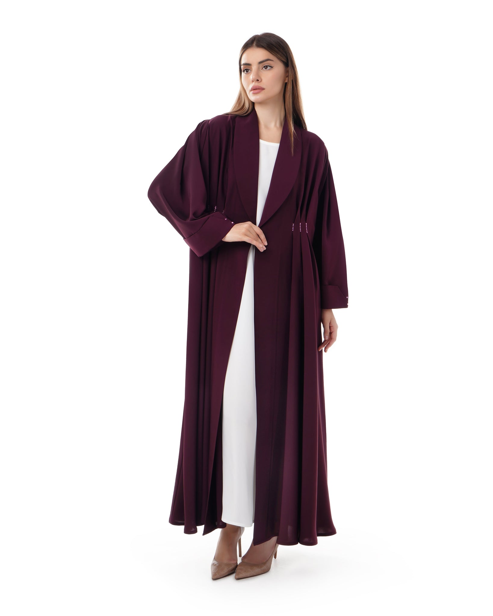 Hanayen Maroon Pleated Crystalized Abaya