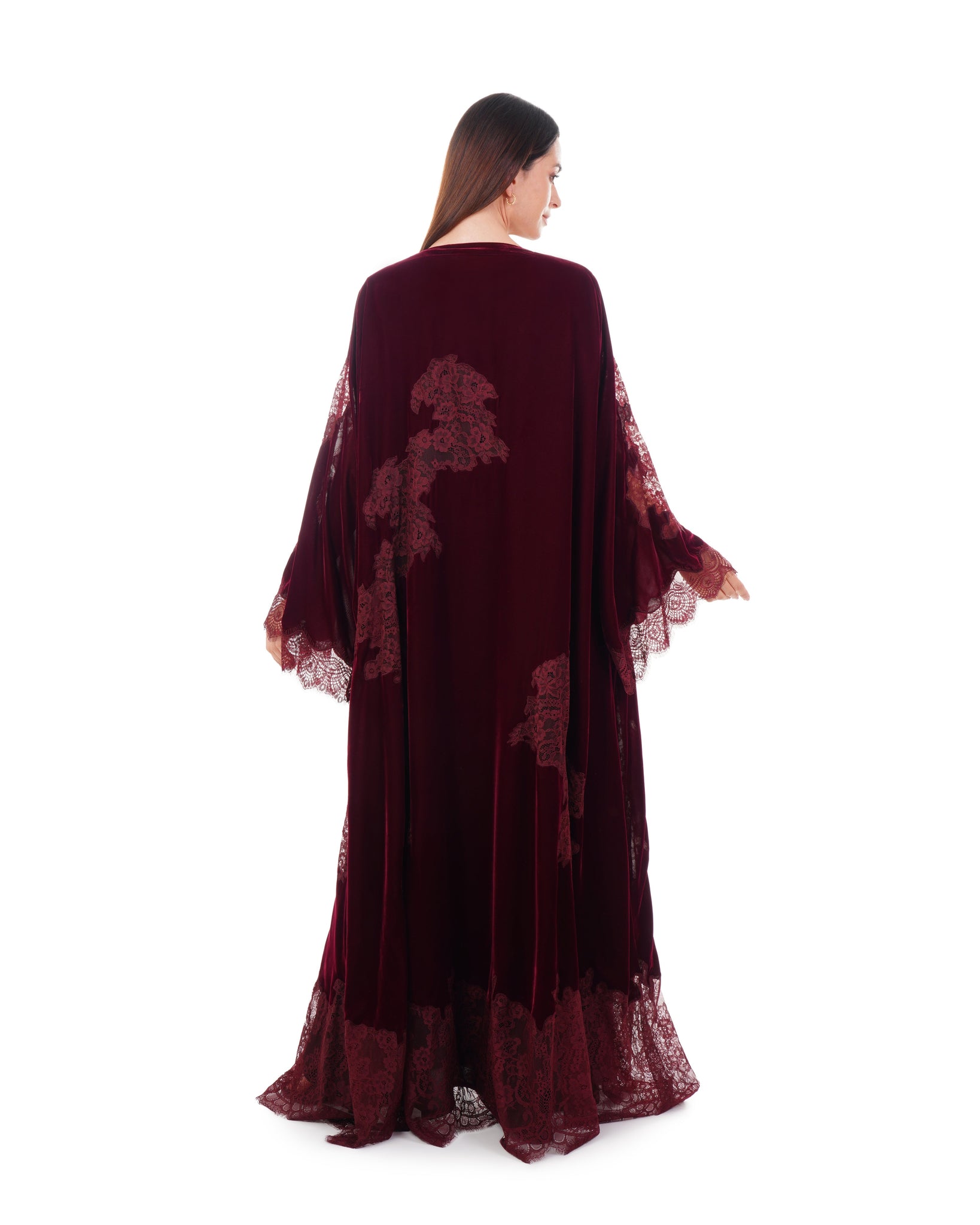 Hanayen Maroon Velvet Abaya With Lace Insert